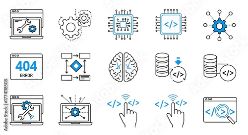 Set of technological icons representing coding, analytics, and system setup