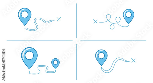 Collection of Map Pointers with Various Travel Paths, Illustrating Navigation and Journey Concepts
