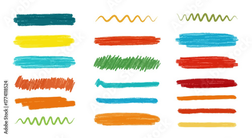 A diverse vector collection of colorful hand-drawn marker strokes, scribbles, and highlighter lines for artistic graphic design