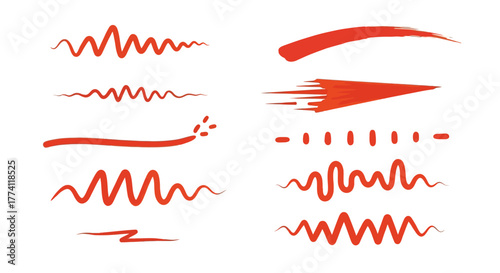 Collection of red abstract brush strokes and wavy lines, emphasizing dynamic movement and artistic flair