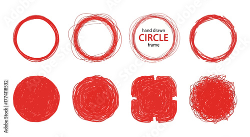 Set of diverse hand-drawn red scribble frames and textured shapes, including various circular, rounded, and abstract doodle elements perfect for design accents, borders, and creative backgrounds