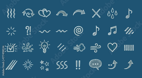 Ultra graphic collection of hand-drawn chalk doodle icons, featuring weather, love, and various abstract symbols for design