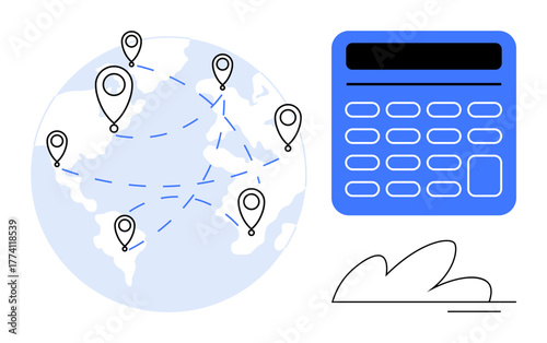 Globe with location pins connected by dashed lines next to a blue calculator and simple doodle elements. Ideal for logistics, finance, global trade, optimization, strategy, planning, technology. A