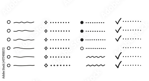 A versatile set of hand-drawn list elements and dividers. This collection includes doodle-style bullet points, checklist marks, and lines for planners or journals