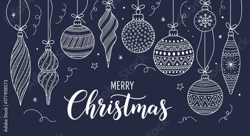 Hand-drawn Merry Christmas ornaments and greetings with a festive design, perfect for holiday decorations and cards