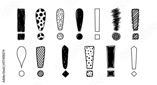 Hand-drawn exclamation mark collection. Set of various sketch and doodle style punctuation symbols with patterns, isolated graphic design elements