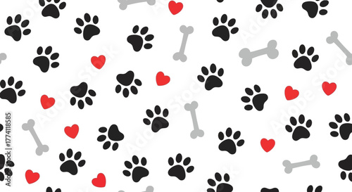 Charming seamless pattern with black paw prints, grey bones, and red hearts. A cute vector illustration background for dog and pet lovers' designs