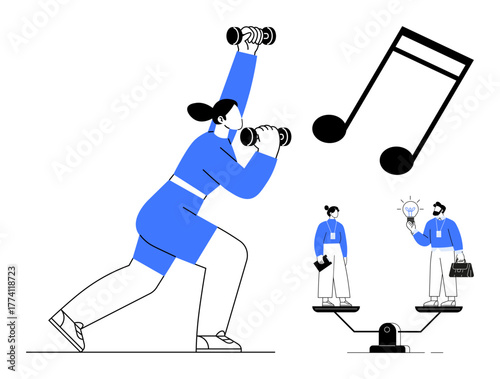 Active woman lifts dumbbells, large musical note symbolizes creativity, balanced scale represents work-life harmony. Ideal for fitness, creativity, work-life balance, motivation, health