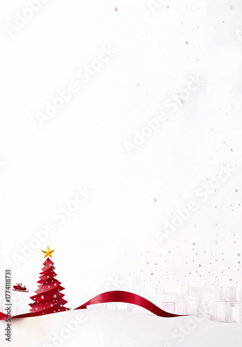 Sapin de Noël rouge avec étoile dorée, traîneau du Père Noël au-dessus d’une ligne d’horizon urbaine enneigée, neige, espace négatif copyspace, style minimaliste évoquant Noël et la Saint-Sylvestre 