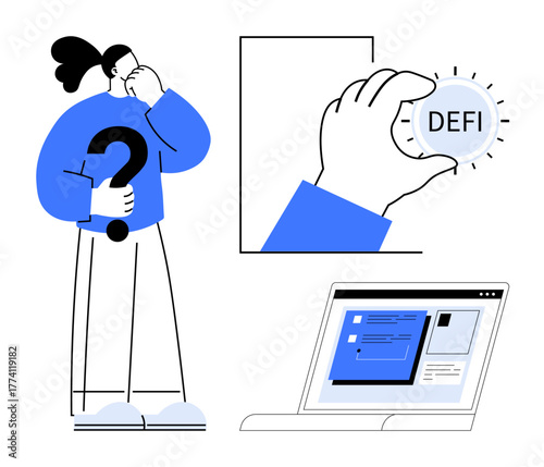 Woman holding question mark, hand holding DeFi token, laptop displaying blockchain platform interface. Ideal for finance, decentralized finance, blockchain, cryptocurrency, innovation