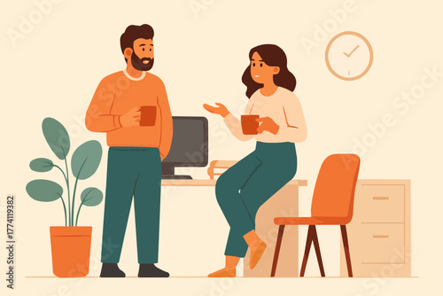 Flat vector of coworkers chatting during coffee break, relaxed and friendly office vibe