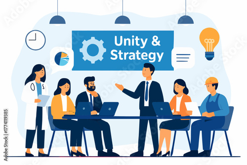 Vector of employees from different departments collaborating in meeting room, unity and strategy