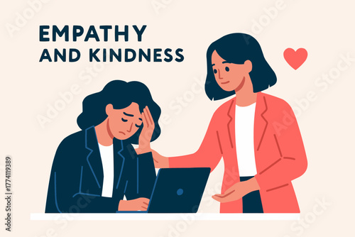 Vector of colleague offering support to stressed teammate, empathy and kindness in workplace