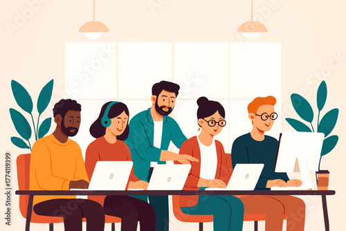 Vector of coworkers working side-by-side in open office, collaboration and harmony