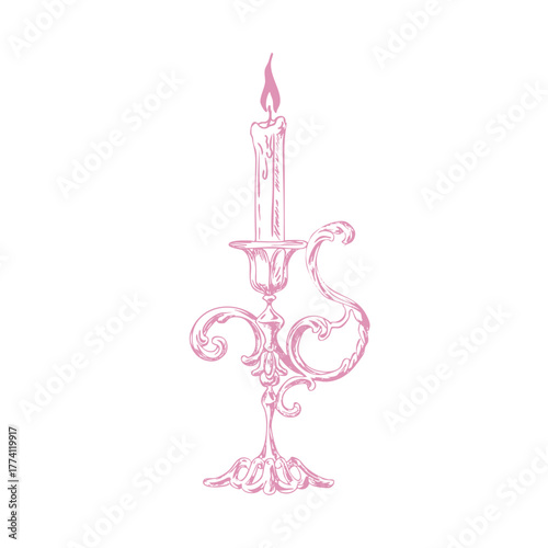 Hand drawn candle illustration. Vintage chandelier sketch. Candle clip art. Candle doodle. Line art, ink, minimalist style. Candles burning. Candelabra and candlestick. Ink sketch set isolated. Retro