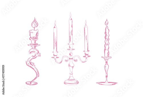 Hand drawn candle illustration. Vintage chandelier sketch. Candle clip art. Candle doodle. Line art, ink, minimalist style. Candles burning. Candelabra and candlestick. Ink sketch set isolated. Retro