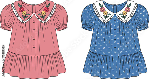 Children's dresses, Peter Pan collar, floral embroidery, puff sleeves, button front, gathered skirt, fashion illustration, garment template, vector clothing