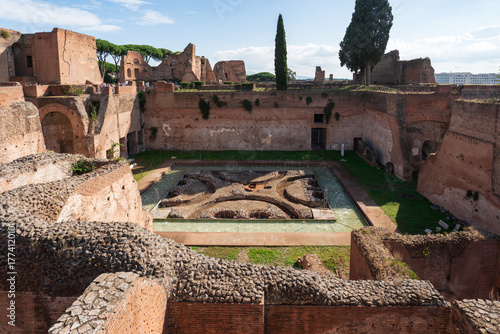 Inner courtyard of Domus Augustana, private part of the Palace of Domitian (Palazzo di Domiziano) of the Palatine Hill, within the archaeological park of the Colosseum, Rome, Italy