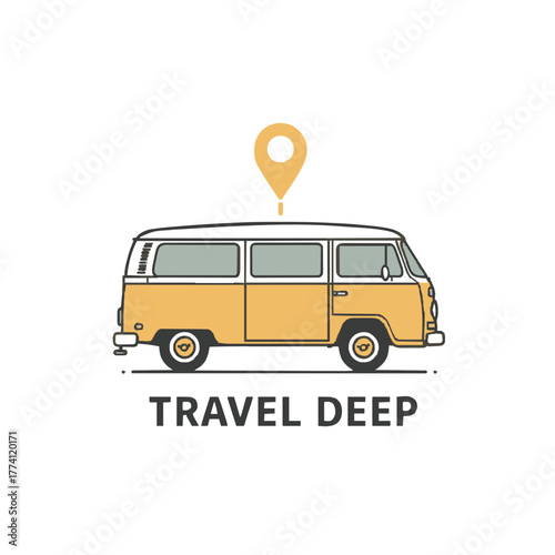 Vintage camper van with location pin symbolizes adventure and exploration