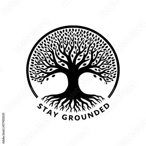 Symbolic tree of life with roots and 'Stay Grounded' text