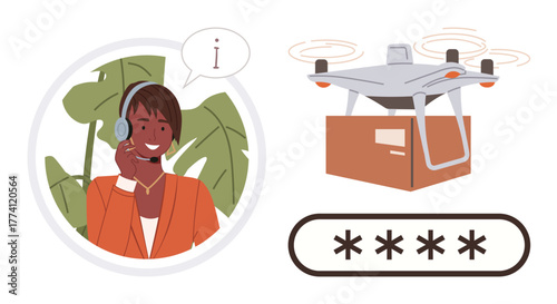 Support representative wearing a headset, surrounded by plants, talking to a customer. quadcopter delivering a package, secure password concept highlighted. Ideal for communication, technology