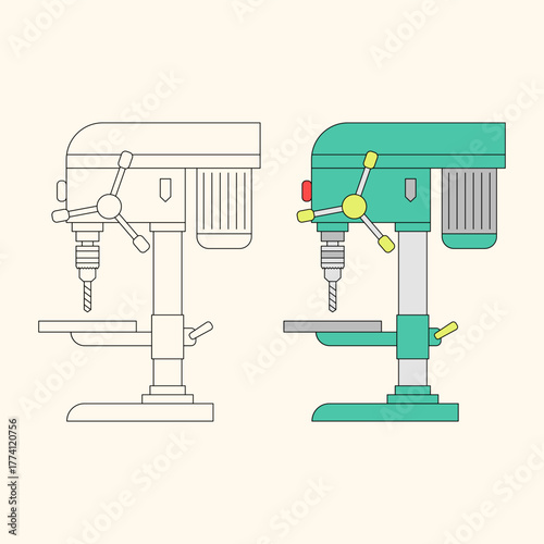 Bench drill. Drilling machine. Industrial machine. Vector illustration.
