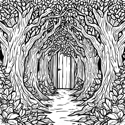 Mysterious forest path leading to a hidden door, inviting adventure and discovery