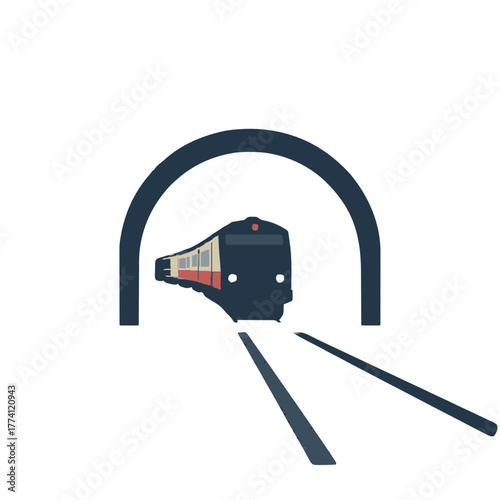 Modern commuter train emerges from dark tunnel onto bright tracks