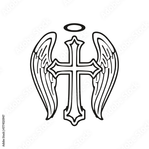 Faith and hope symbolized by a winged cross and halo design