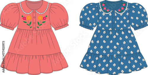 Children's puff sleeve dresses, scalloped collar embroidery, floral design, tiered skirt, button front, fashion template, vector illustration, garment mockup
