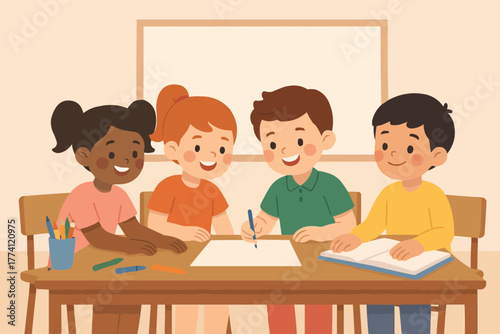 Flat vector of children working together on group activity in classroom, collaboration and smiles