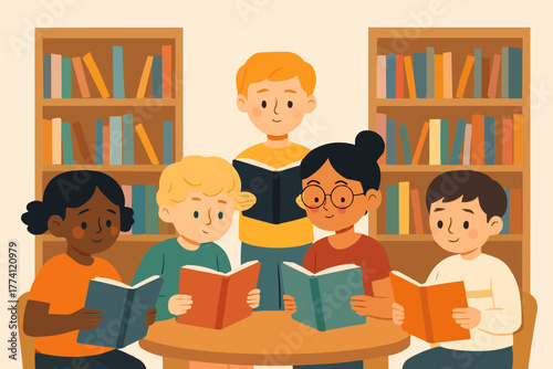 Flat vector of children reading books together in school library, peaceful and curious mood