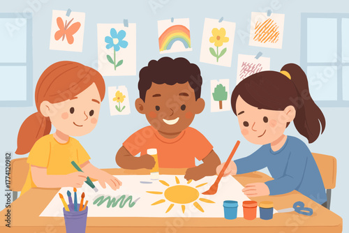 Vector of kids collaborating on art project in classroom, creativity and teamwork