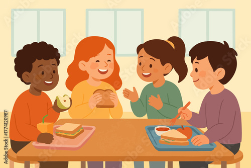Vector of children sharing lunch and chatting in school cafeteria, warmth and connection