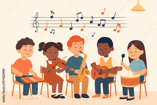 Flat vector of kids playing musical instruments together in school music class, harmony and joy