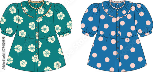 Children's puff sleeve dresses, scalloped collar trim, floral and polka dot patterns, button front, fashion template, vector illustration, garment mockup