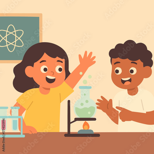 Flat vector of children doing science experiment together in classroom, excitement and learning