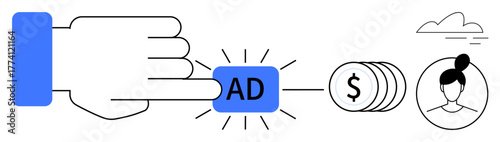 Hand clicking ad button, coins symbolizing costs or revenue, and user profile icon representing target audience. Ideal for marketing, online ads, budgeting, sales, strategy, digital promotion