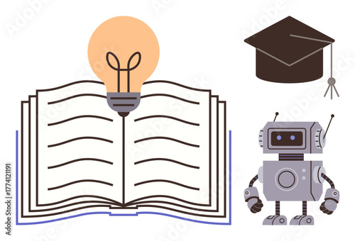 Open book with light bulb, robot, and graduation cap representing innovation, learning, and knowledge. Ideal for technology, STEM education, AI applications, creative thinking academic achievement