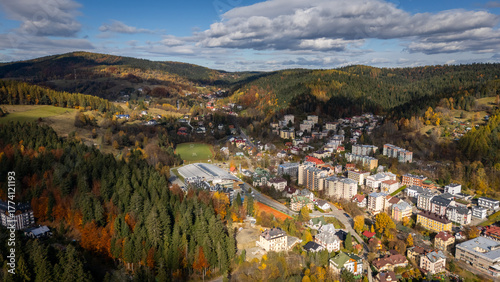 Fototapeta Naklejka Na Ścianę i Meble -  erial view of Krynica-Zdrój, Poland – autumn mountain town surrounded by forests