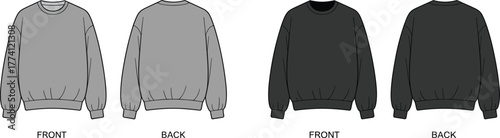 Crewneck sweatshirt template, front and back view, gray and black color, fashion mockup, apparel design, casual wear illustration