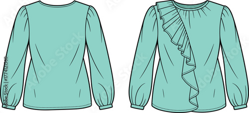 Long sleeve blouse technical sketch, front back view, cascading ruffle, round neckline, puff sleeve, fashion design, garment template, illustration