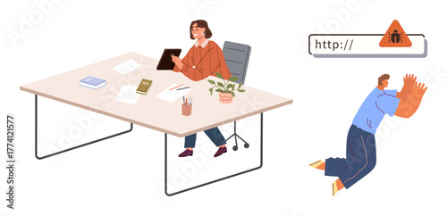 Woman using tablet at desk with documents and stationery. Man reacts to malware alert on browser. Ideal for cybersecurity, online risk, office work, warning, IT support, problem-solving, flat