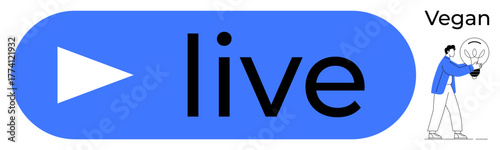 Blue live button with play triangle, person holding lightbulb. Ideal for streaming, sustainability, eco-lifestyle, innovation, vegan concepts, digital content green living. Simple flat metaphor