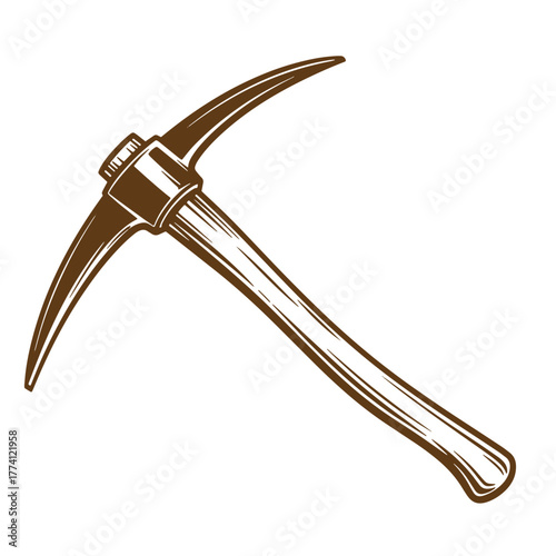 A detailed vintage art illustration of a brown pickaxe on a white background