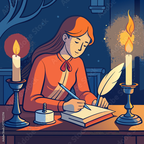 Woman writing poetry by candlelight at a dark night