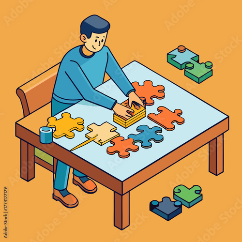 A person assembling jigsaw puzzle pieces on a table