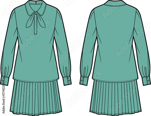 Long sleeve dress technical sketch, front back view, pleated skirt, bow collar, button placket, fashion design, garment template, illustration