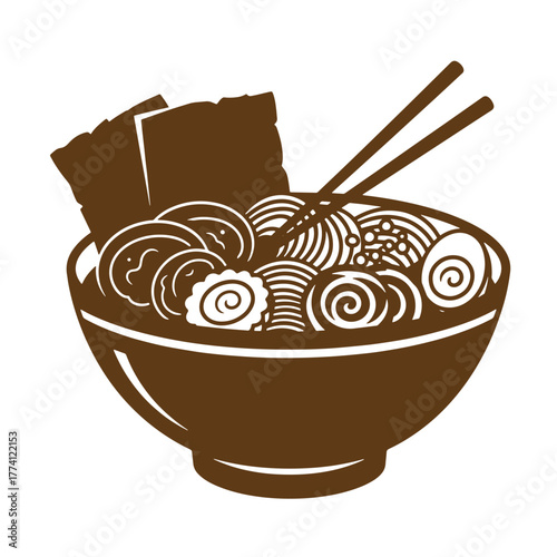 Brown vintage art illustration of delicious ramen noodles bowl with chopsticks