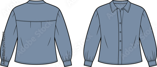 Long sleeve shirt technical sketch, front back view, button placket, classic collar, gathered cuff, fashion design, garment template, illustration